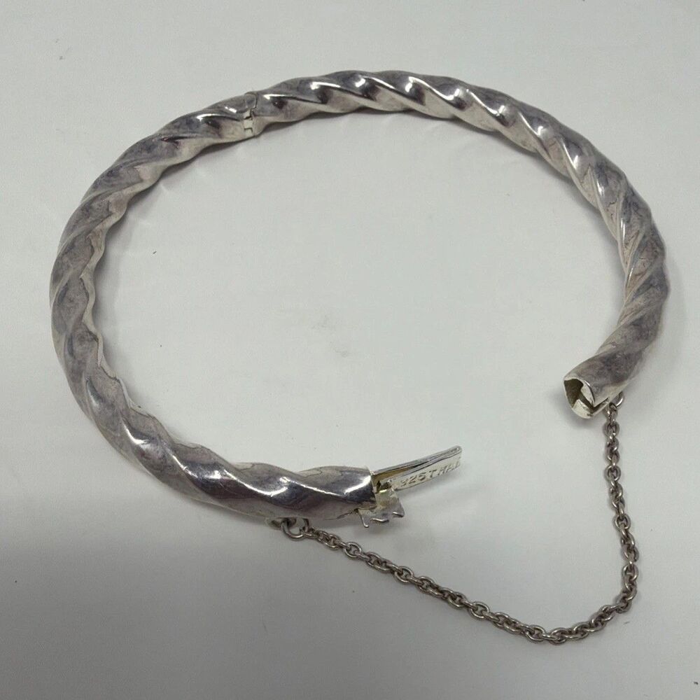 Vintage 925 Sterling Silver Twisted Bangle Bracelet Thai Hinged w/ Safety Chain